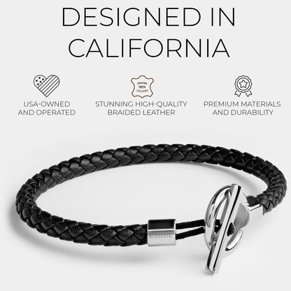 Elegatto Helm Premium Braided Leather Bracelet for Men | Full-Grain Braided Leather with Sterling Silver Polished Stainless Steel Toggle Clasp Closure | Men’s Designer Bracelets | Medium