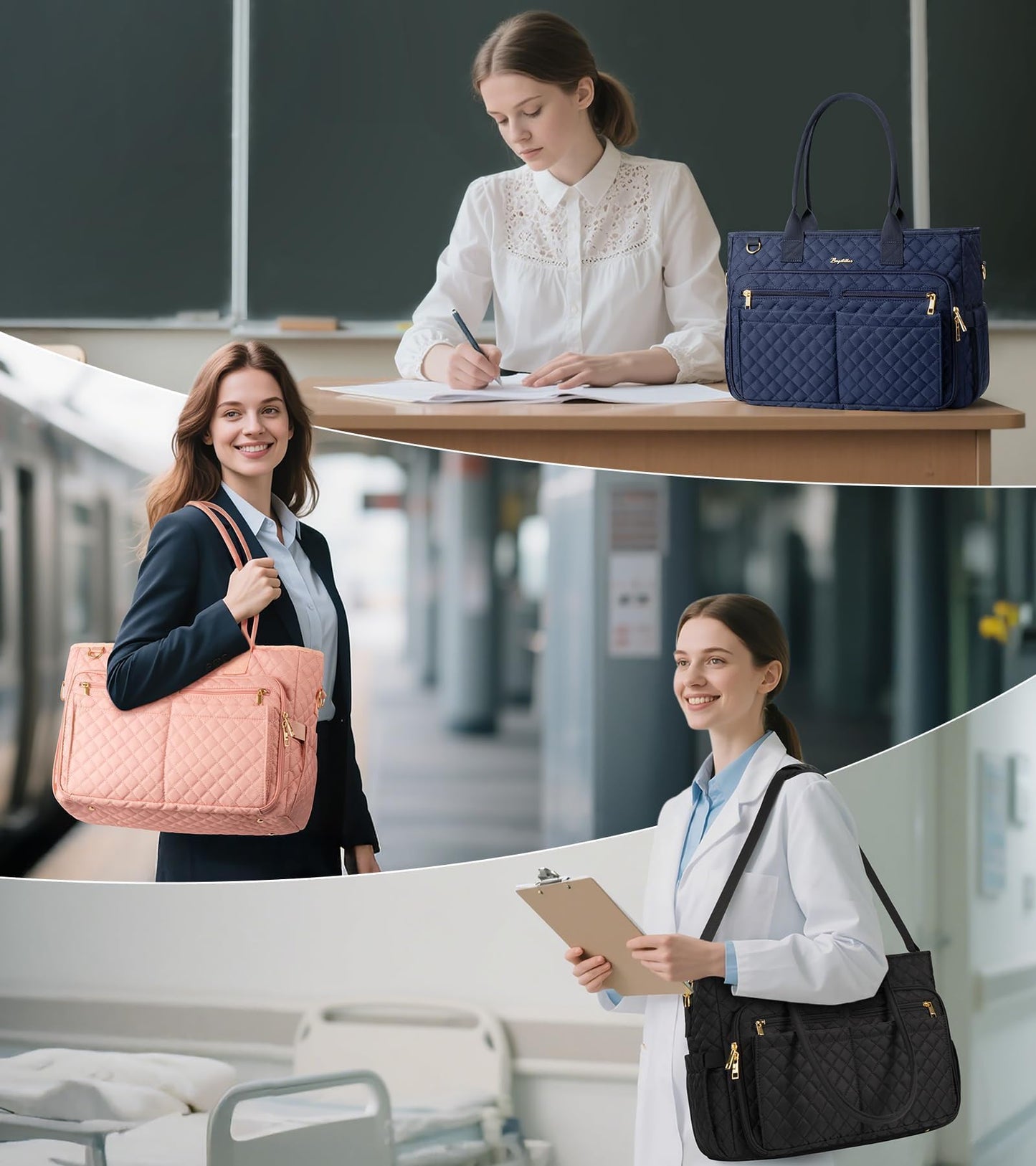 Teacher Tote Bags for Women, 15.6 inch Laptop Work Tote Nurse Bible Bag With Large Cup Holder & Insulated Pocket Quilted Shoulder Handbag Laptop Briefcase for Work, Daily, School, Travel, Gifts