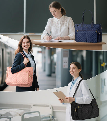 Teacher Tote Bags for Women, 15.6 inch Laptop Work Tote Nurse Bible Bag With Large Cup Holder & Insulated Pocket Quilted Shoulder Handbag Laptop Briefcase for Work, Daily, School, Travel, Gifts