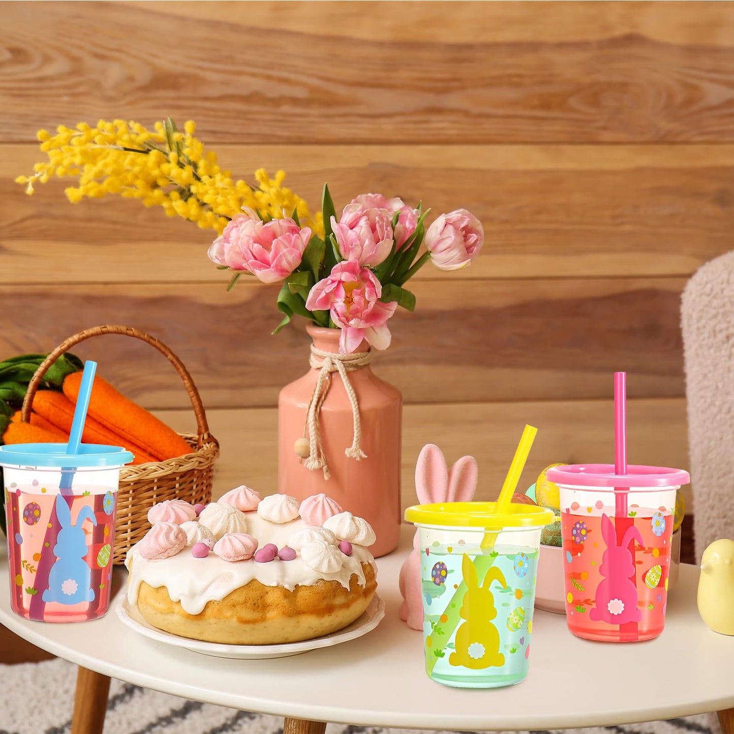 Nuanchu Cute Easter Plastic Cups with Lids and Straws Color Cups Reusable Tumbler with Lid and Straw for Coffee Cold Drinking Travel Parties(Innovative Color,12 Pcs)