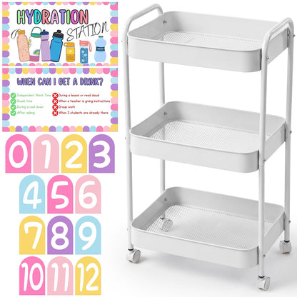 Sieral Hydration Station Classroom Storage Trolley 3-tier Plastic Rolling Water Bottles Storage Car with Handle Hydration Station Sign Stickers Set for Classroom Office Water Bottle Organizer Supplies