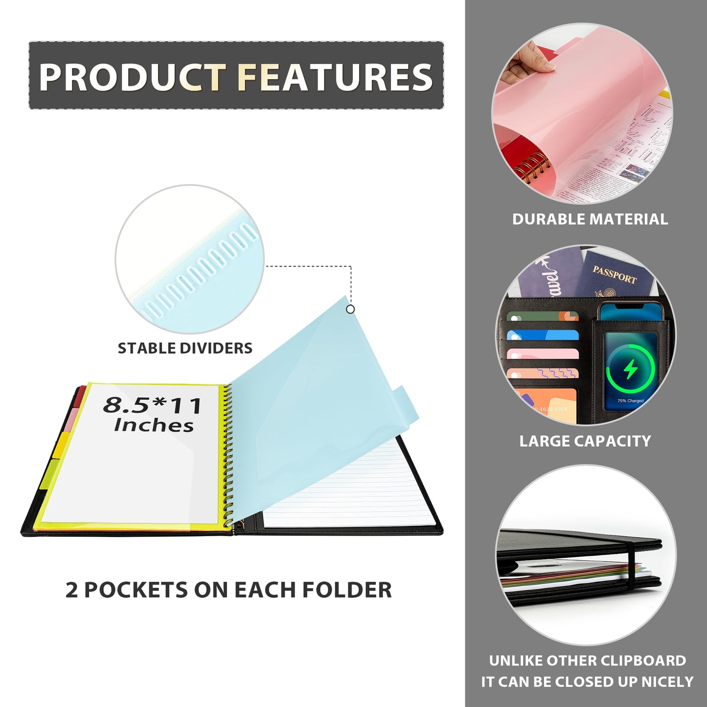Ospelelf Clipboard with Storage for Men Women, Leather Padfolio Portfolio Organizer 5 Folders with 10 Pockets, Spiral Clipboard Folio with Notepad for Letter Size, Elastic Closure and Pen Loop Black