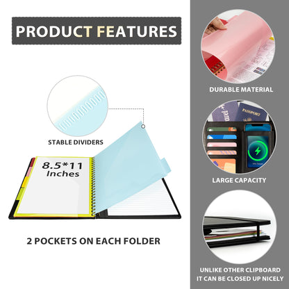 Ospelelf Clipboard with Storage for Men Women, Leather Padfolio Portfolio Organizer 5 Folders with 10 Pockets, Spiral Clipboard Folio with Notepad for Letter Size, Elastic Closure and Pen Loop Black