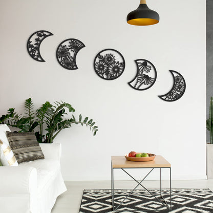 Jetec 5 Pcs Moon Phase Wall Art Decor Wall Pediments Hanging Wooden Phase Spiritual Bedroom Nordic Boho Lunar Aesthetic Art for Living Room Dorm Apartment Ornament (Black)