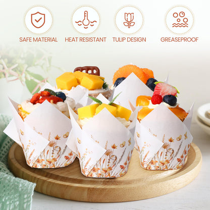 Maxdot 200 Pcs Fall Floral Tulip Cupcake Liners for Baking Autumn Wildflower Paper Muffin Baking Cups Flower Tulip Muffin liners Wrappers for Thanksgiving Baby Shower Wedding Birthday Party Decor