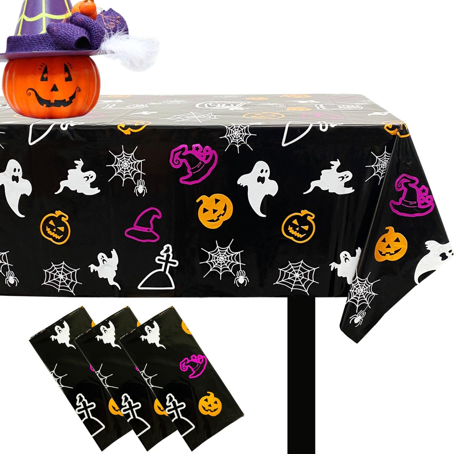 Ymsone 3 Pack Halloween Spider Web Tablecloths Plastic, 54 x 108 Inch Disposable Rectangle Table Cover for Halloween Party Decorations Indoor, Black Pumpkin Ghost Witch Table Cloth