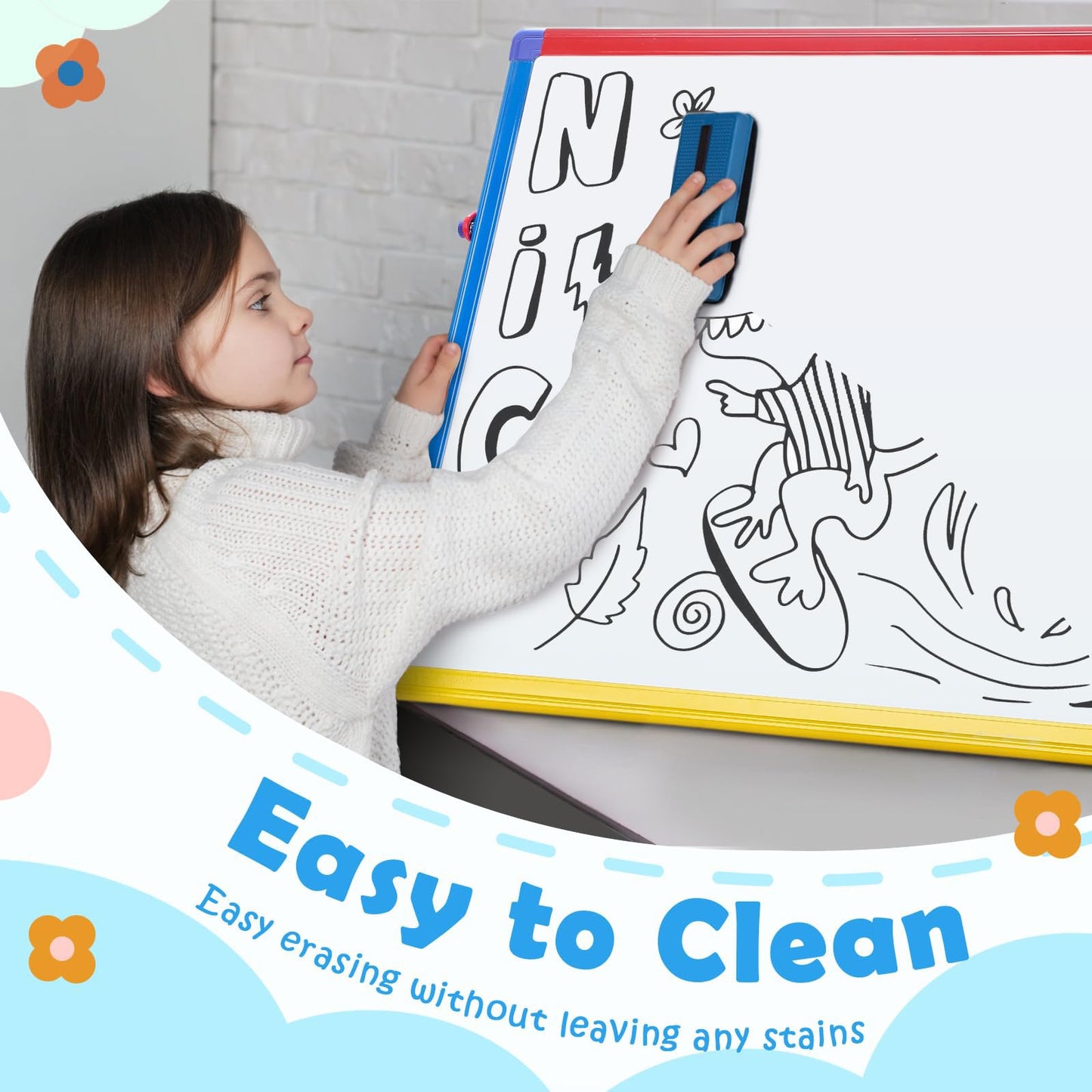 SWANCROWN Magnetic Board for Kids - Tabletop White Board for Children- 24x18 Inch Double Sided Foldable Dry Erase Board Standing with 82Pcs Alphabet Magnets Whiteboard Letters