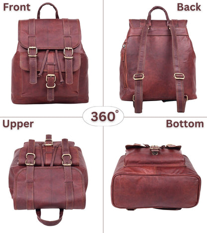 Lakshigo Womens Leather Backpack Purse – 14" Brown Vintage Genuine Leather Drawstring Rucksack Ladies Leather Bookbag for Work, Travel & Everyday Use (Brown)