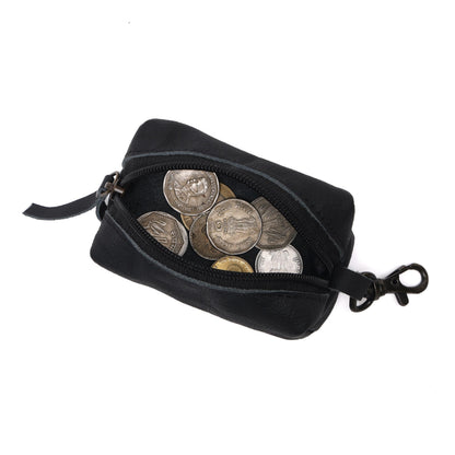 Leather Zipper Coin Pouch with Key Clip, Compact Change Holder Wallet for Men & Women, Small Leather Coin Purse for Cash, Keys, Earbuds, Everyday Carry Accessory (1, Black)