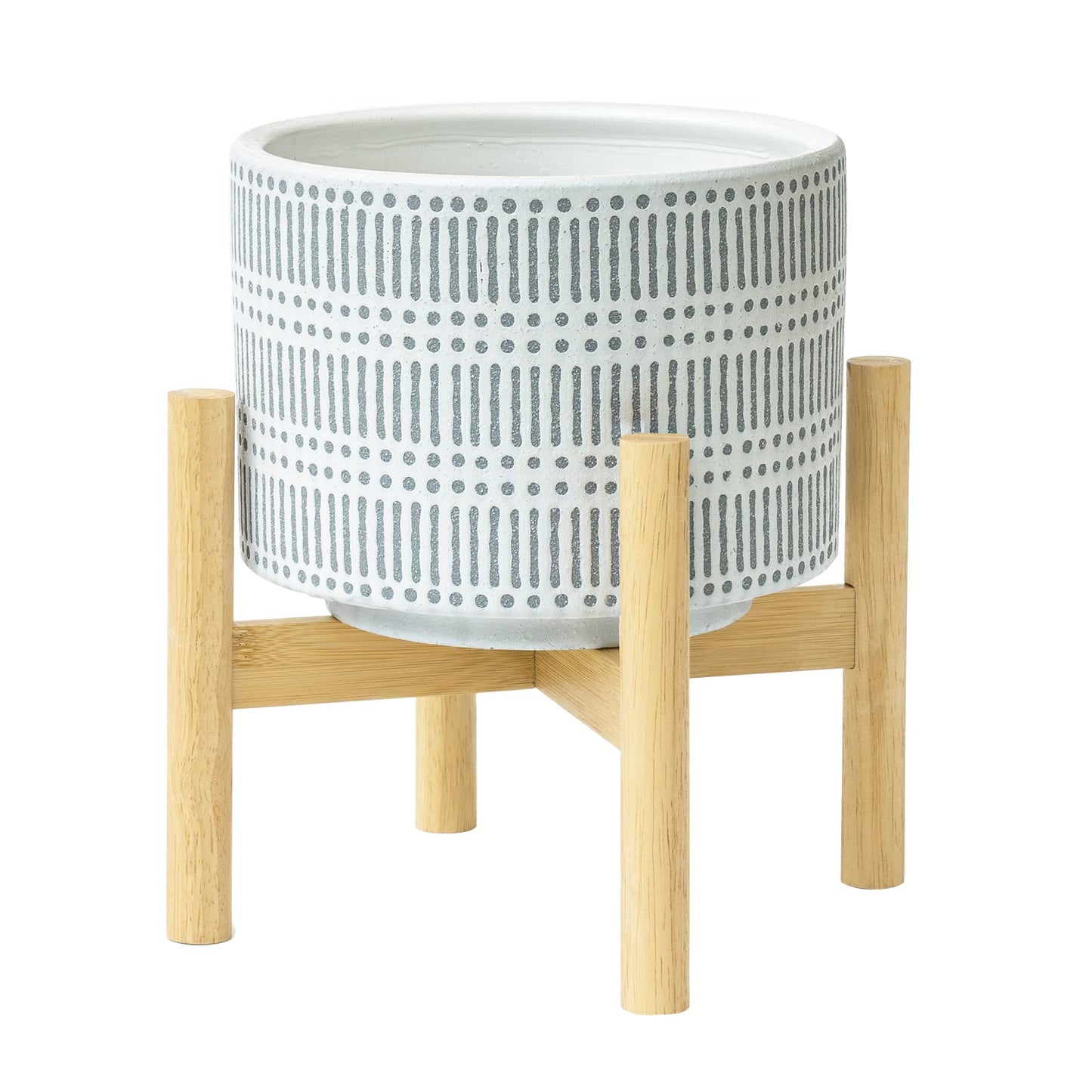 LA JOLIE MUSE Ceramic Plant Pot with Wood Stand - 7.3 Inch Modern Round Decorative Flower Pot Indoor with Wood Planter Holder, Slate Blue and White