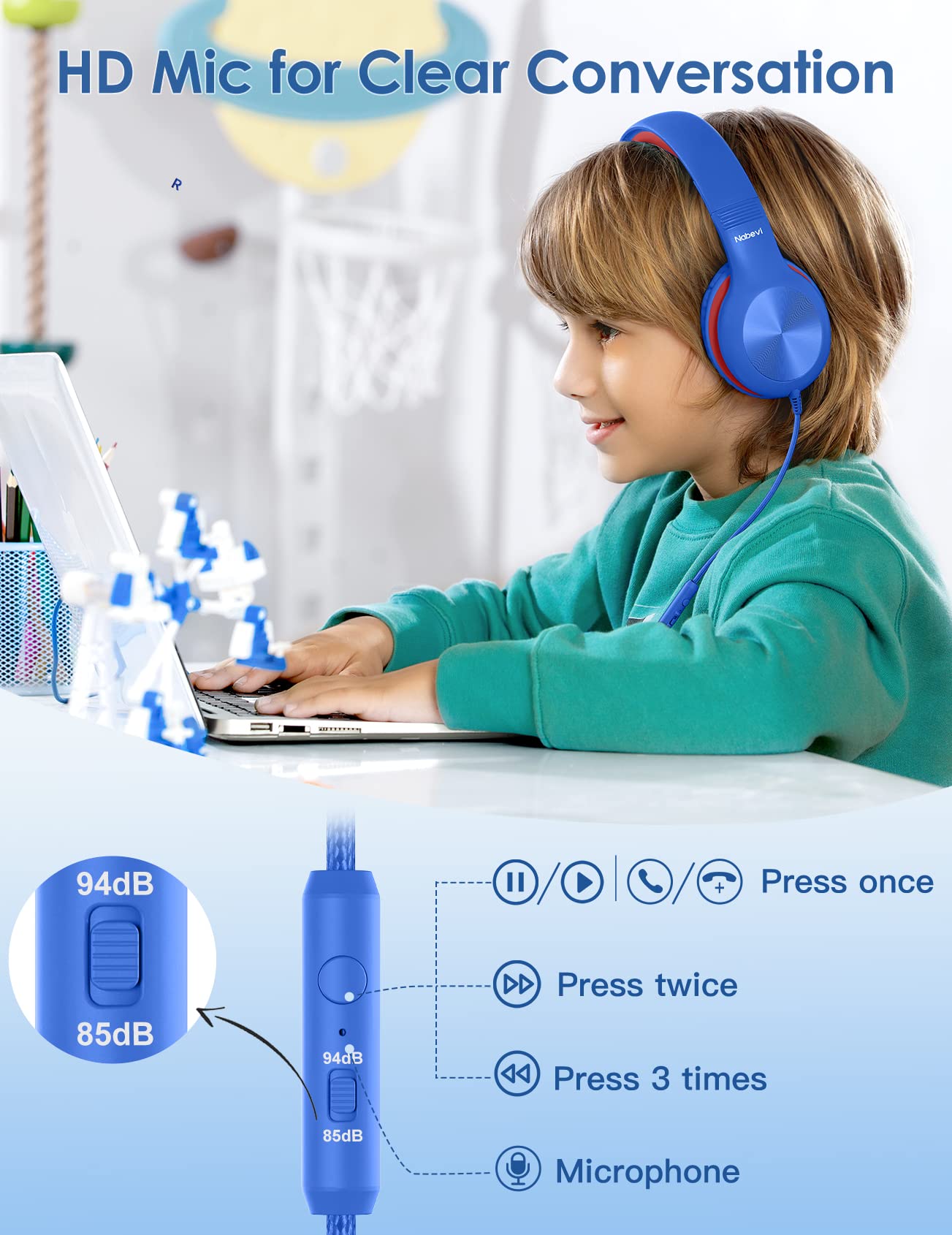 Nabevi Headphones for Kids for School, Kids Headphones with Microphone, Sharing Function, 85dB/94dB Safe Volume Limit, Over Ear Kid Headphone for School, On-line Study, Travel, Glaze Blue