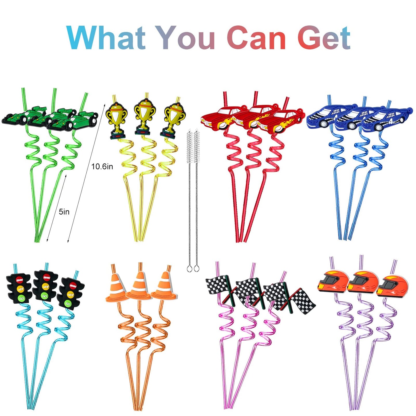 24Pcs Race Car Reusable Straws Party Decorations Birthday Party Supplies Drink Markers with 2Pcs Cleaning Brushes