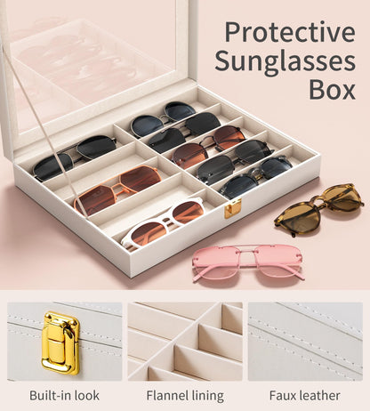 NEWLOOP Sunglass Organizer for Women Men - Multiple Pair of Sunglasses Storage Box Eye Glass Watch Leather Display Case with 10 Slots White