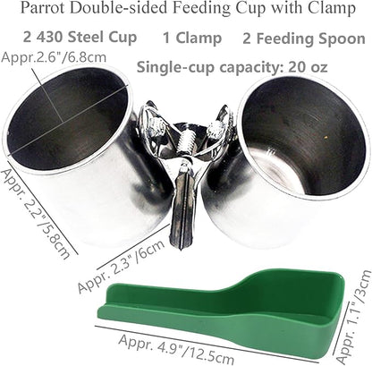 Parrot Feeding Cups Bird Feeding Double-Sided Cup with Clamp Holder Fit for Bird Wooden Perch
