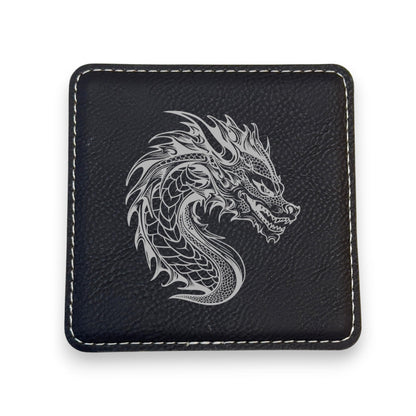 Coaster - Dragon - SET OF 2 - Leather or Stitched Cork (Black/Silver)