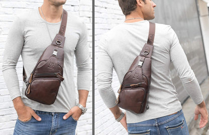BULLCAPTAIN Leather Men Sling Bag Casual Crossbody Chest Bags Travel Daypack (Black)