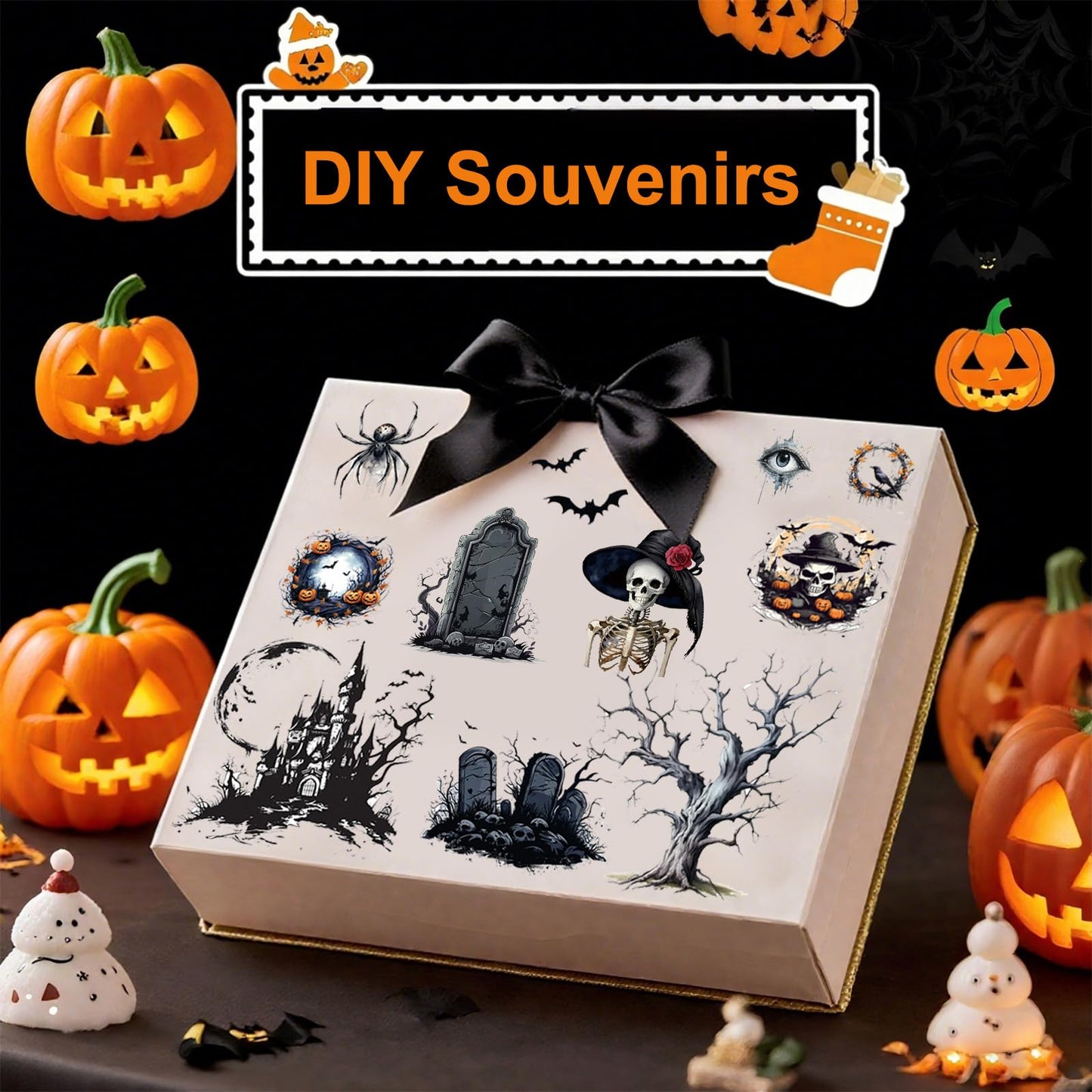 WANDIC 6 Sheets Halloween Rub on Transfer Stickers, Crow Ghost Bat Skull Transfer Stickers Decals Waterproof for Home Party DIY Crafts, 15x30cm