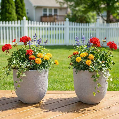 10 inch Plant Pots Stone Finish Lightweight Flower Planter with Drainage Hole for Outdoor Garden Patio Indoor Greenery, Set of 2 (Light Grey)