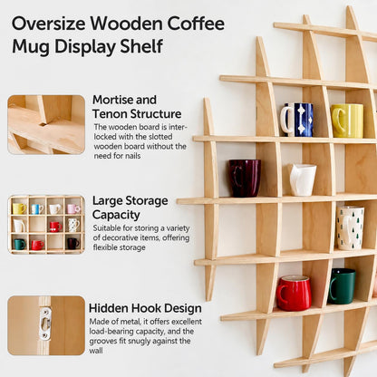 Sicrifety 46" x46"Oversize Wooden Coffee Mug Display Shelf,Rustic Wooden Floating Curio Shelf-Mug Holder for Wall,Wall Mounted Tea Cup Display Stand for Living Room Kitchen Office