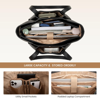 LOVEVOOK Laptop Tote for Women - 15.6 Inch Faux Leather Laptop Bag with Clutch, Large Capacity Office Purse Computer Briefcase for Casual Business Travel,Apricot