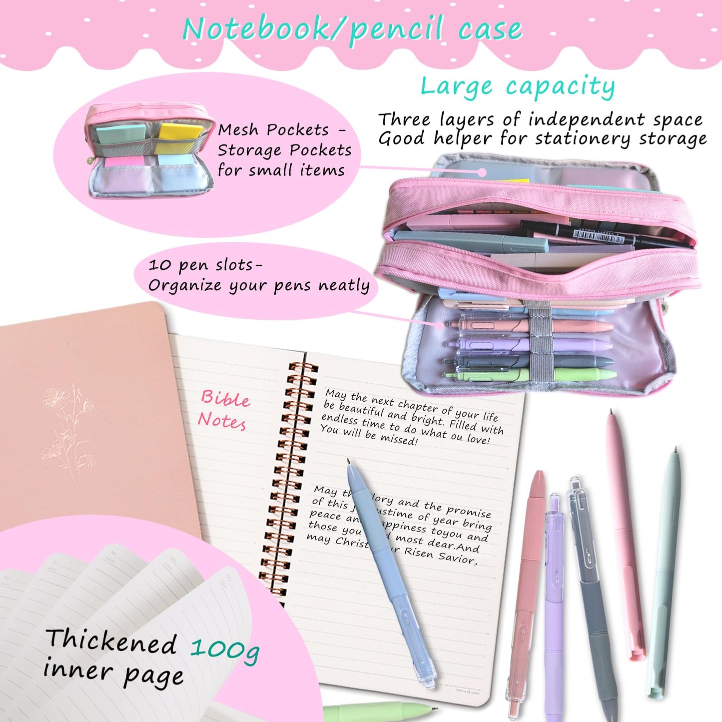 47PCs Bible Journaling Kit BIble Study Supplies for Women Girl,Bible Class Essentials with Large Pen Case,Journal Notebook,No-bleed Highlighters and Pens,Bible Tabs Bookmark,Translucent Sticky Notes