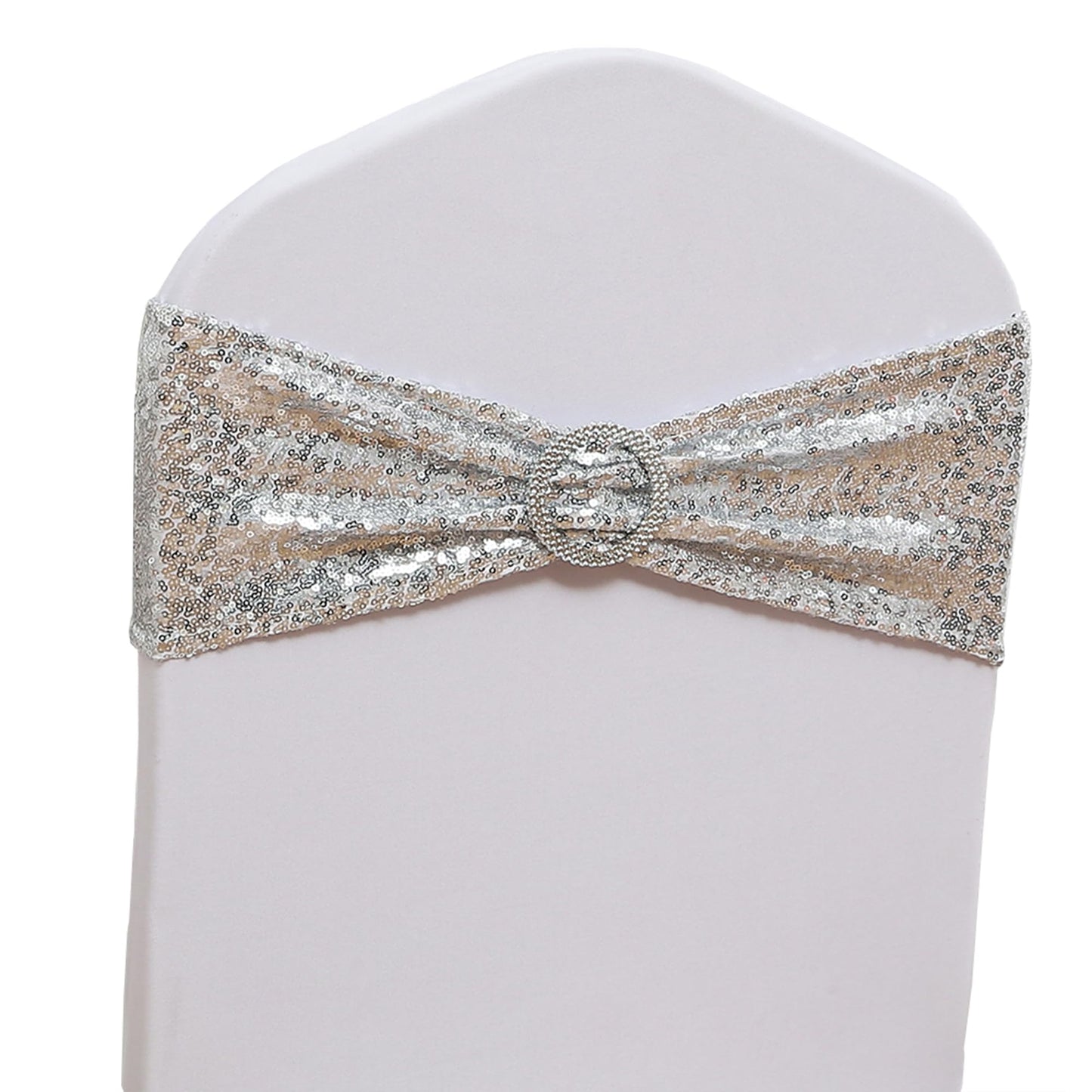 SINSSOWL Pack of 100 Spandex Sequin Silver Chair Sashes for Wedding, Chairs Bands Buckles for Party Folding Chairs Fiesta Baby Shower Christmas Decor - Silver Chair Sash Bows