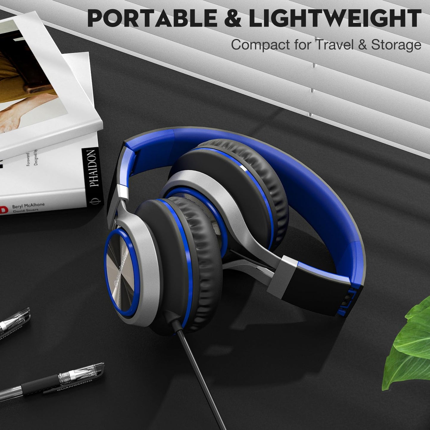 Bywulanda USB C Headphones with Mic and Volume Control, Over Ear Stereo Headsets for iPhone 15 16 Pro, Wired Foldable Headphones for Smartphones Chromebook Laptop Tablets Travel(Blue)