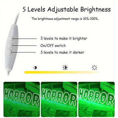 Horror Neon Sign – Green LED Wall Light for Halloween Party Decor, USB Powered Dimmable Gothic Accent for Bedroom or Spooky Room Setup, 16.5"×5.7"