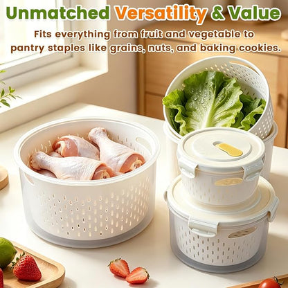 TBMax 8 Pieces Airtight Fruit Storage Containers for Fridge with Air Circulation Vent, 4 Pack Round Produce Saver with Colander for Berry Lettuce Salad Vegetable Storage, Refrigerator Organizers -Red