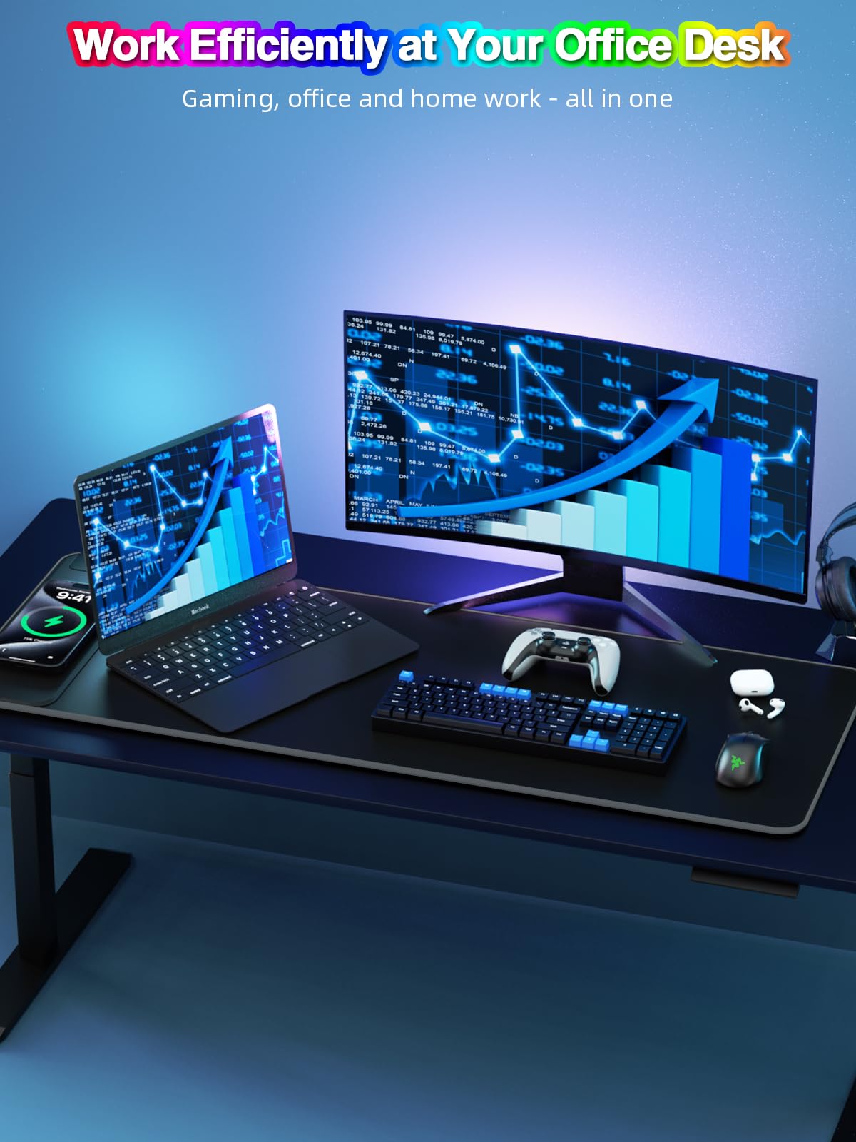 Mouse Pad with Wireless Charging, Large Desk Mat RGB Gaming Mousepad, 10 Light Colors LED Gaming Pad Keyboard Pad with Ultra-Smooth Surface & Non-Slip Rubber Base, Waterproof Full Desk Mouse Pad