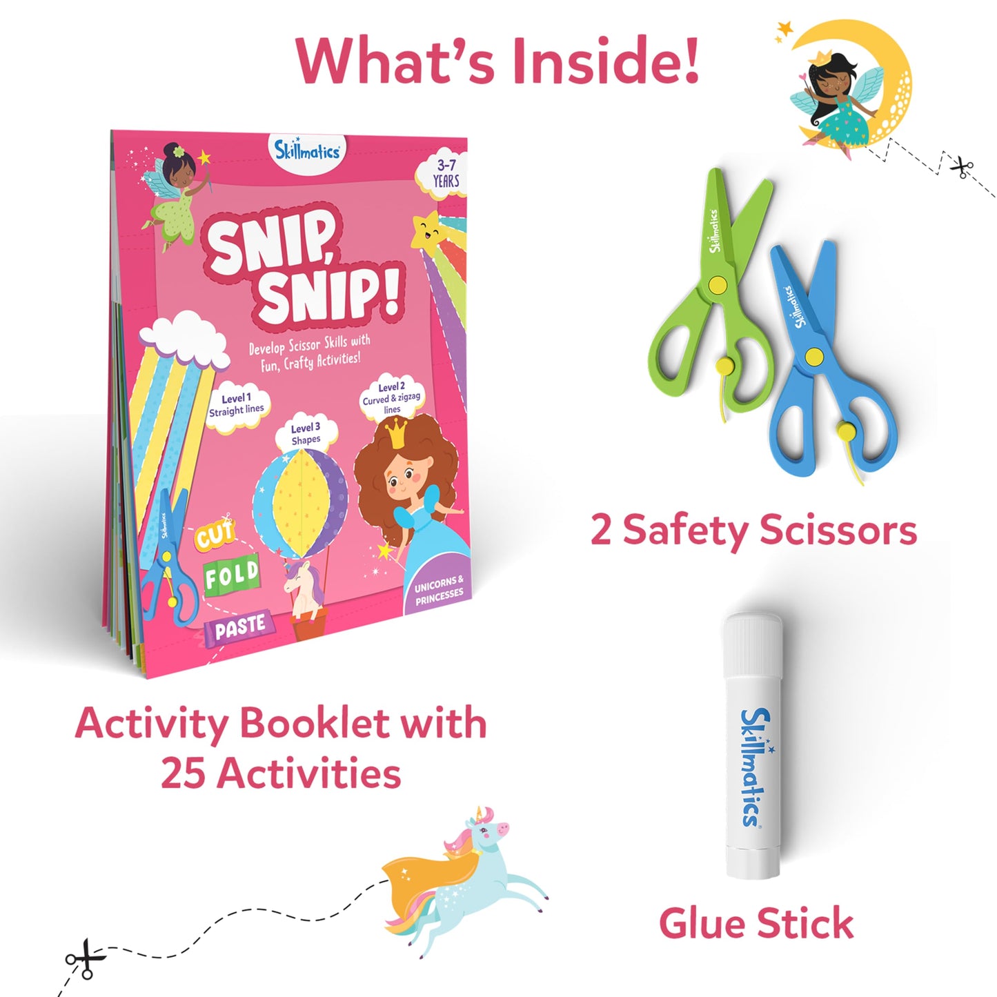 Skillmatics Scissor Skills Activity Book - Snip Snip Unicorns & Princesses, 25 Cutting & Creative Activities for Preschoolers, 2 Child-Safe Scissors, Felt Craft Kit, Screen-Free Fun, Gift for Ages 3-7