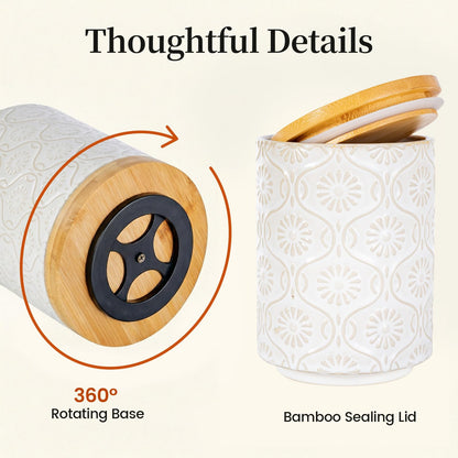 Newise Utensil Holder - Set of 2, Ceramic Kitchen Utensil Holder for Countertop, Large Utensil Crock with 360° Rotating Base, 7.7"+5.6" Embossed Cooking Storage and Decoration