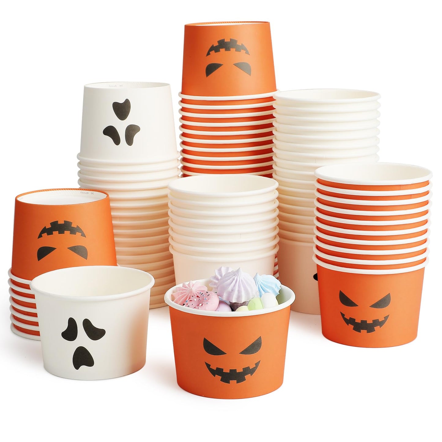 Uiifan 150 Pcs Halloween Treat Snack Cups 8 Oz Disposable Pumpkin Ghost Bowls Spooky Disposable Paper Cup White Orange Paper Cup Dessert Ice Cream Bowls Food Tasting Cups for Halloween Party Supplies