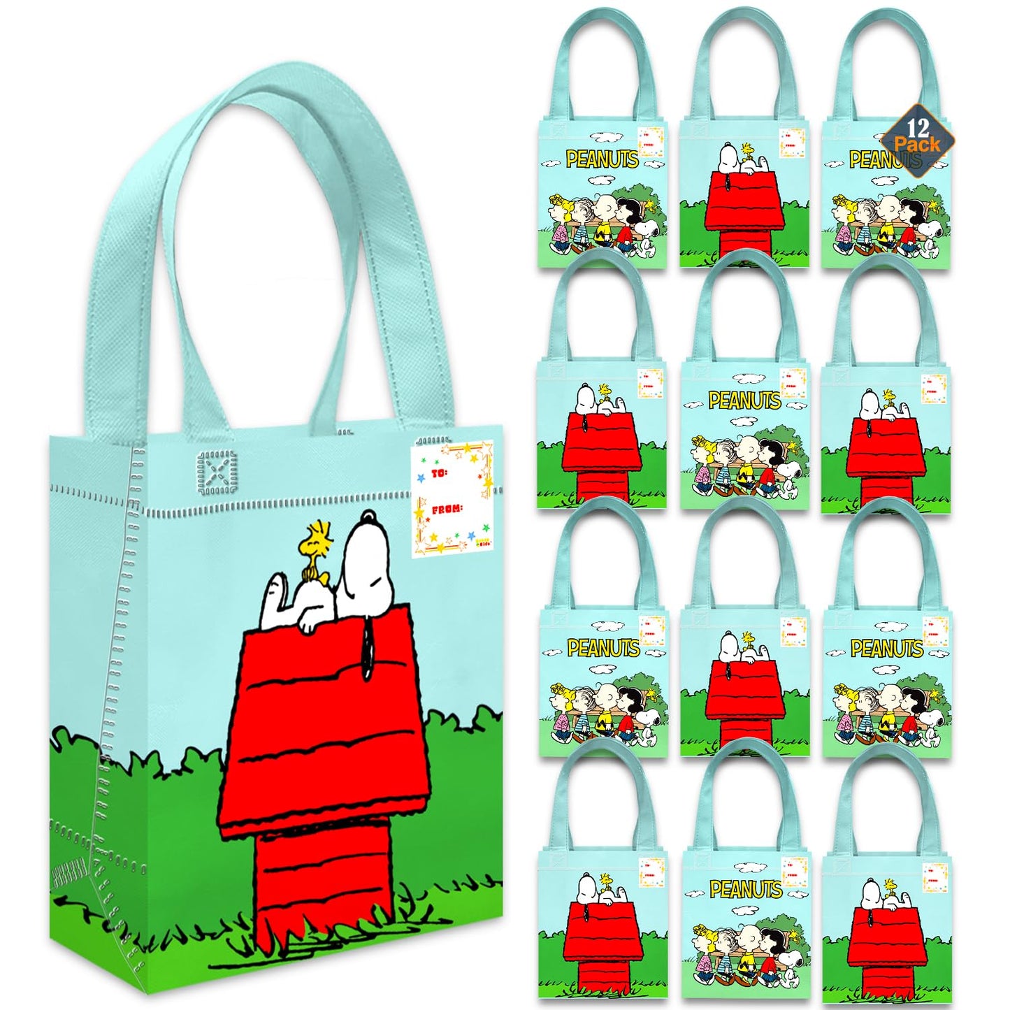 Peanuts Party Favor Bag Set – 12 Pack of 8" Snoopy Goodie Bags for Kids Bulk Reusable Mini Totes | Peanuts Birthday Supplies for Boys, Girls