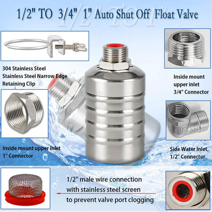 Float Valve,1/2" to 3/4" 1'' Water Level Control Float Valve, 304 Stainless Steel Fully Automatic Water Shut Off Valve, Automatic Water Level Controller for Water Tank, Pool, Livestock Troughs.