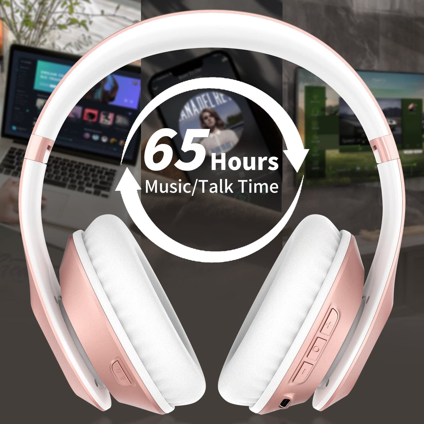 Glynzak Wireless Bluetooth Headphones Over Ear 65H Playtime HiFi Stereo Headset with Microphone and 6EQ Modes Foldable Bluetooth V5.3 Headphones for Travel Smartphone Computer Laptop Rose Gold
