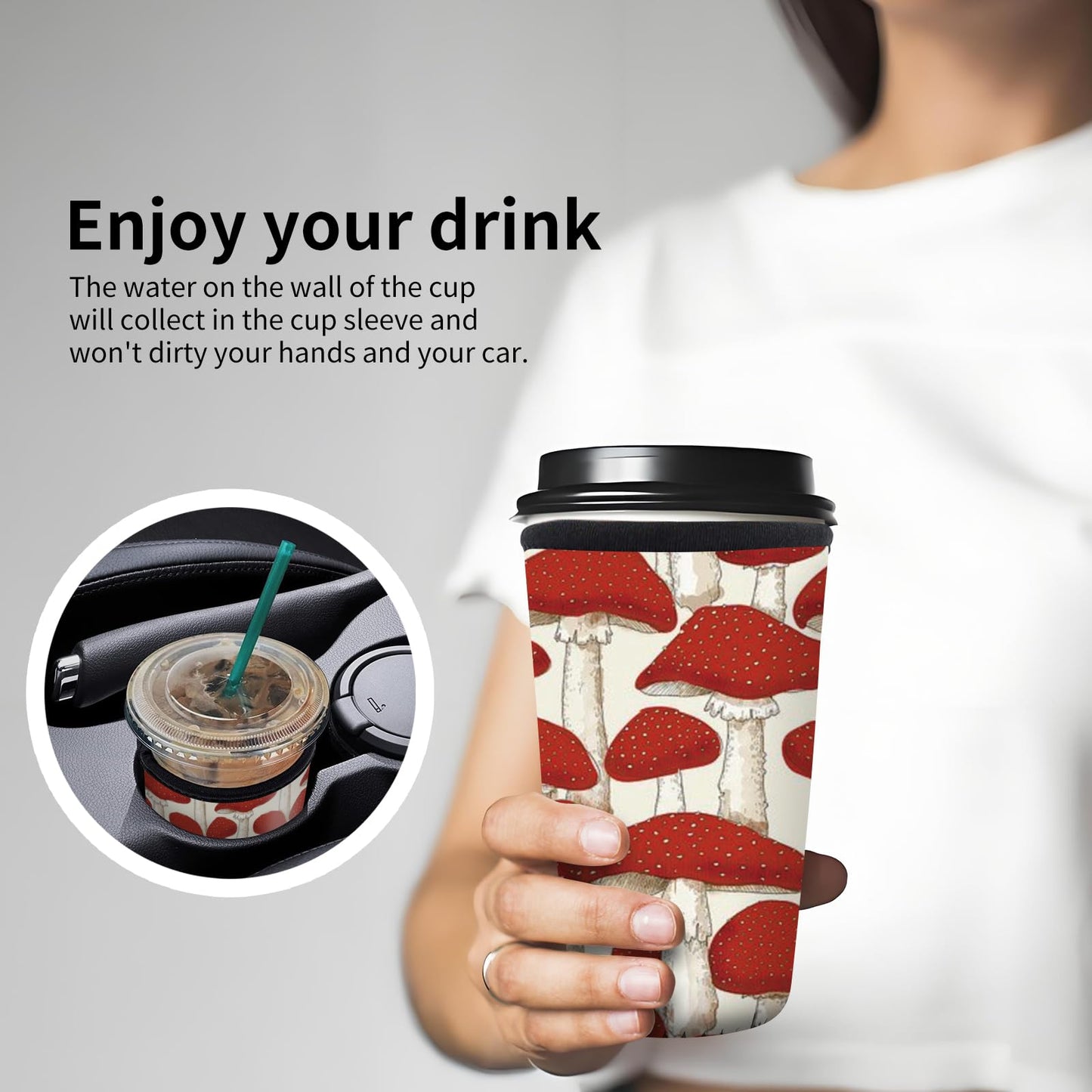 DAORJWL 3 Pack Reusable Insulated Neoprene Sleeve for Iced & Hot Drinks, Cute Durable Iced Coffee Cup Sleeve, Beverage Holder for Iced Coffee Cute Red Mushroom