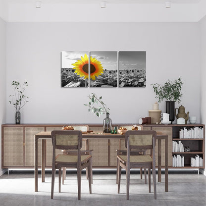 jejeloiu Sunflower Canvas Wall Art for Living Room Bedroom 12"x16"x3pcs Yellow Flowers Picture Wall Decor for Bathroom Black and White Office Decorations Artwork Posters Natural Scenery Painting