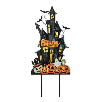 Glitzhome 32" H Halloween Metal Haunted House Yard Stake/Hanging Decor,Halloween Pumpkin Bats Ghost Garden Yard Sign for Lawn Decorations Outdoor Garden Halloween Party Decor