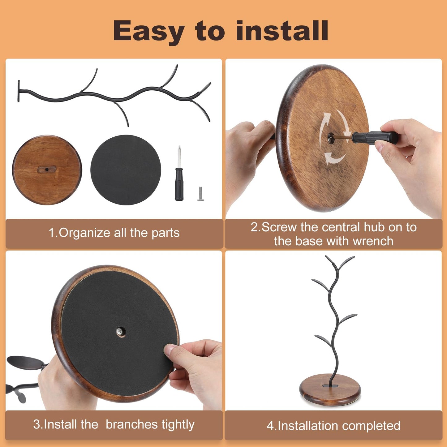 Noeixrah Mug Tree Holder, Bronze Metal Leaf Branch & Solid Wood Base Mug Holders, Countertop Coffee Mug Trees Organizer for Kitchen, 4 Hooks, Sleek Modern Decor for Coffee Station