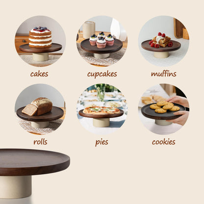 CEEFU 9 inch Rustic Acacia Wood Cake Stand - Natural Wooden Clay Wedding Cake Pedestal Serving Stand for Cupcake Dessert Bites Display in Party, Birthday, Beautiful Farmhouse Kitchen Decor
