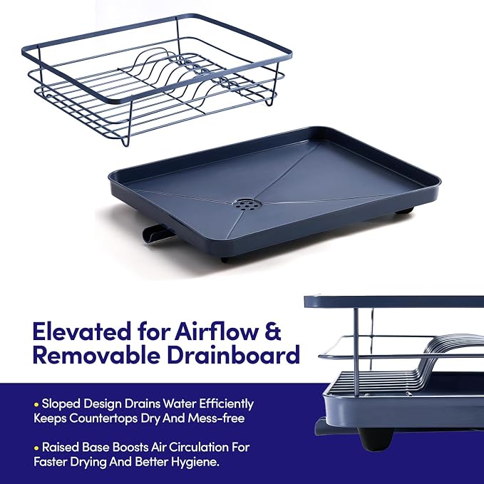 Dish Drying Rack 3 Piece Dish Drainer with Drainboard Set for Kitchen Counter – Dish Rack with Removable Utensil Holder & Swivel Spout for Countertop – DishRack for Plates, Cups & More, Navy