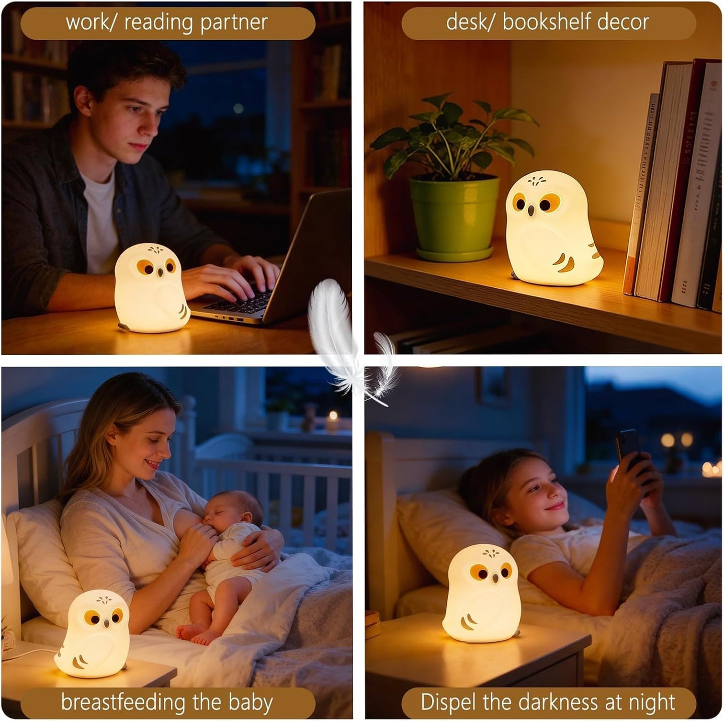 Cute White Owl Night Light for Kids, Squishy Lamp Owl Gifts, Rechargeable Dimmable LED Bird Nightlight, Nursery College Dorm Décor, Funny Foldable Box to Display House, Safe Silicone Baby Toy