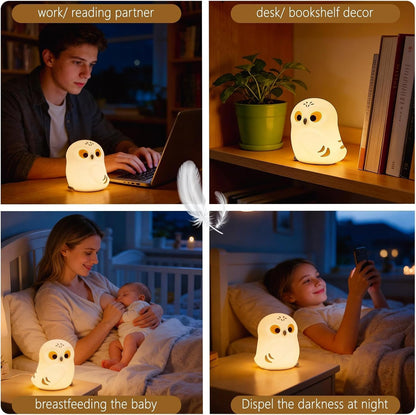 Cute White Owl Night Light for Kids, Squishy Lamp Owl Gifts, Rechargeable Dimmable LED Bird Nightlight, Nursery College Dorm Décor, Funny Foldable Box to Display House, Safe Silicone Baby Toy