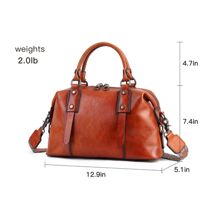 Genuine Leather Women's Handbags Travel Purses Top Handle Barrel Satchel Shoulder Hand Bags leather crossbody bags for Women Retro Tote Bag Brown