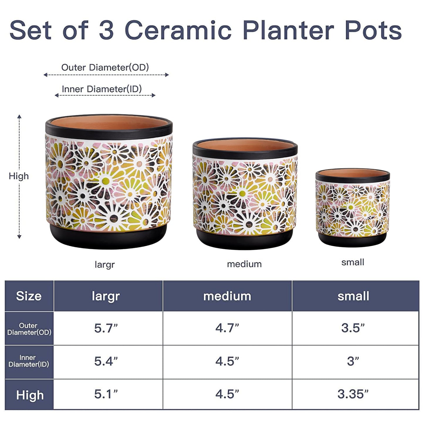 Qipecedm 3 Piece Ceramic Plant Pots, 5.7/4.7/3.5/inch Planters with Drainage Hole, Outdoor Indoor Flower Pots Set, Modern Decorative Plant Pots for Lilies, Cacti, Succulents, Snakes, Bamboo(Black)