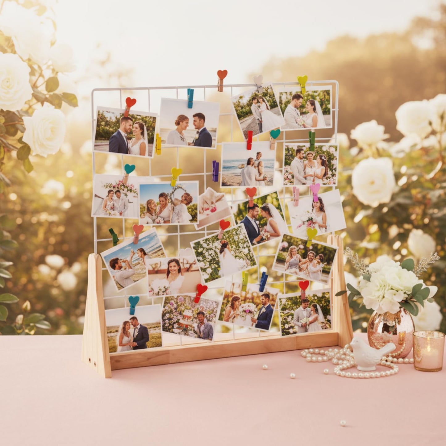 2 Sets Wedding Wall Grid Decorative Panel for Photo Display 19.3x18.5 Inch, Photo Display Panel, Wire Wall Grid, Desk Picture Manager, with 70 Wooden Clips for Shows Crafts Artistic Drawings Photos