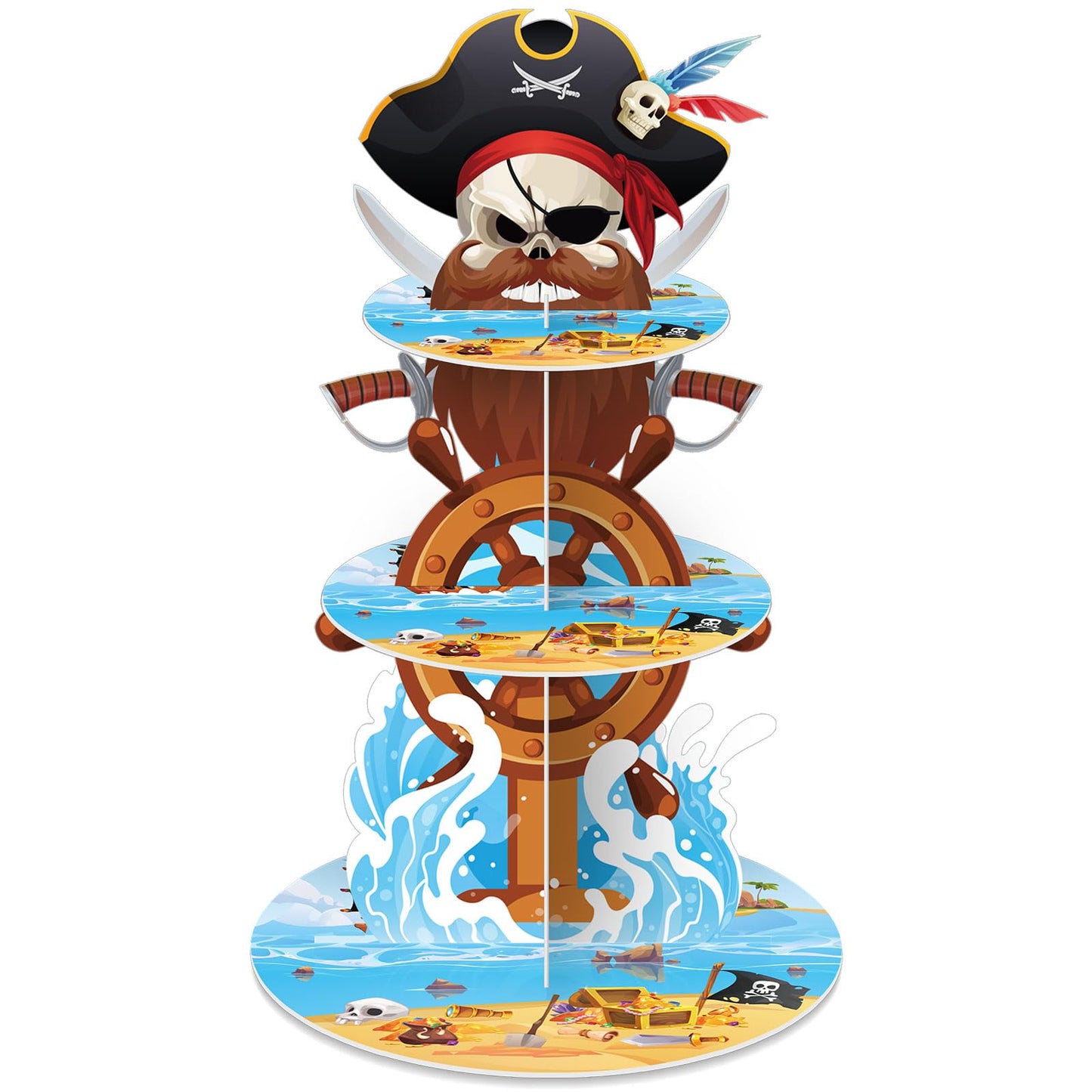 Widecook 3 Tier Pirate Cupcake Stand Decoration Nautical Sailing Skull Cap Cupcake Tower Pirate Table Decoration Treasure Dessert Holder Table Display for Birthday Halloween Nautical Party Decor