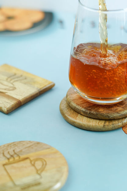 Wooden Coaster for Coffee Cups Glass & Can Table Decor | Wooden Coaster Set of 6 | 3 Round Coffee & 3 Square Tea Style Coaster Set | Handmade Design for Mug & Cup