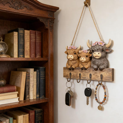3D Highland Cow Key Holder Wall Mount, Rustic Farmhouse Key Hooks with 4 Metal Hooks, Decorative Resin Highland Cow Figurine Hanging Organizer Home Decor for Entryway Office Hallway and Living Room